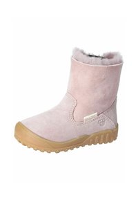 Stivale alla caviglia in suede rosa con morbida fodera in pelliccia, suola in gomma e punta arrotondata. Presenta un'etichetta con logo laterale e suola testurizzata per una migliore aderenza.