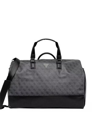 Bolsa de lona negra y gris con diseño estampado, asas cortas y una larga correa ajustable para el hombro sobre fondo blanco.