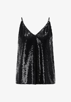 Black sequin camisole top with a V-neckline and adjustable spaghetti straps, featuring a shimmering, textured surface.