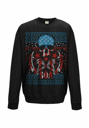 Sweat-shirt noir avec un motif tricoté rouge, blanc et bleu représentant un crâne portant un casque étoilé et le texte "S.O.A."