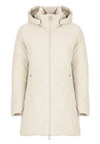 Giubbotto imbottito beige con cappuccio, dotato di zip frontale, tasche laterali e polsini elasticizzati. Materiale liscio e resistente all'acqua.