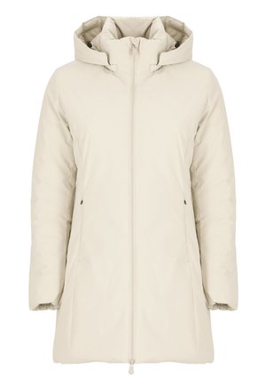 Giubbotto imbottito beige con cappuccio, dotato di zip frontale, tasche laterali e polsini elasticizzati. Materiale liscio e resistente all'acqua.