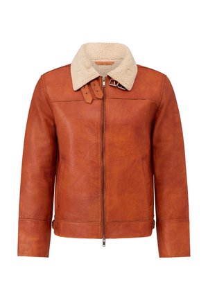 Brown leather jacket with front zipper, side pockets, adjustable waist straps, and cream-colored shearling collar with buckle straps.