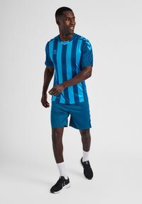 Blårandig idrottströja med korta ärmar, tillsammans med enfärgade blå shorts. Outfiten har fukttransporterande tyg och avslappnad passform.