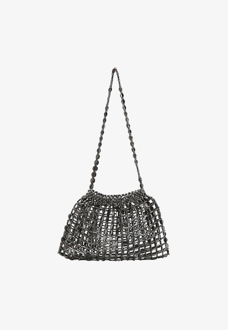 Borsa a tracolla nera con perline, con parte superiore arricciata, manico a catena e design a trama aperta. Texture liscia con accenti lucidi.