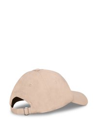 Beige cotton cap with a curved brim, adjustable strap at the back, and embroidered logo detail near the opening. Minimalist design.