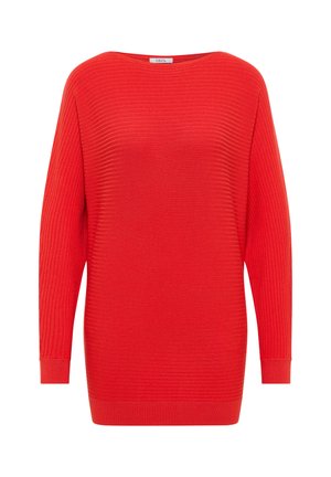 Maglione rosso a maniche lunghe con coste, dotato di un ampio scollo a barca e polsini aderenti. Realizzato in un materiale morbido e testurizzato. Design semplice e moderno.