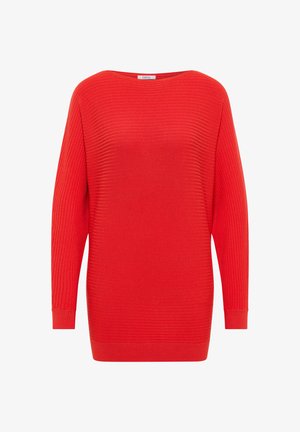 Pull long à manches longues rouge côtelé avec un large col bateau et des poignets ajustés. Fabriqué en un matériau doux et texturé. Design simple et moderne.