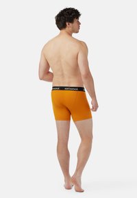 Boxer breifs arancioni con una cintura nera con l'etichetta "smartwool." Vista dal retro, caratterizzati da una forma aderente e una texture morbida.