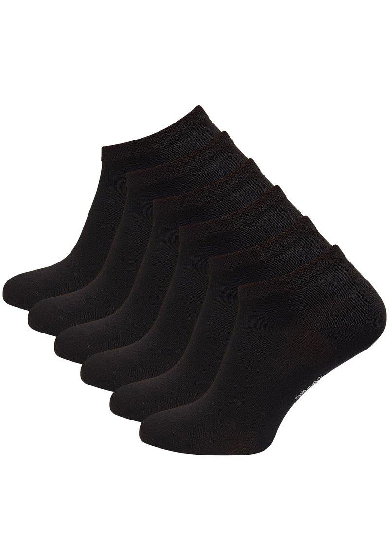Schwarze Knöchelsocken aus dehnbarem Material, mit einem gerippten Bündchen und glatter Textur. Set aus sechs Paaren.