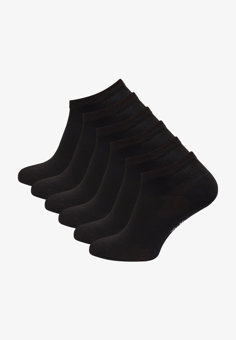 Schwarze Knöchelsocken aus dehnbarem Material, mit einem gerippten Bündchen und glatter Textur. Set aus sechs Paaren.