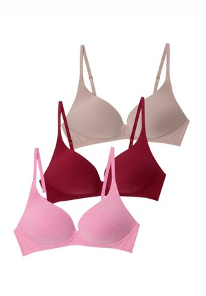 Four bras: one beige, one dark red, one light pink, and one heather pink. Each has thin straps and a smooth, unembellished design.