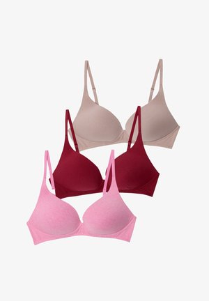 Fyra bh: en beige, en mörkröd, en ljusrosa och en grårosa. Var och en har tunna band och en slät, odekorerad design.