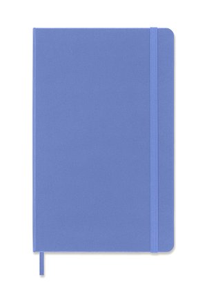 Closed light blue notebook with rounded corners, elastic band closure on the right, and attached bottom bookmark ribbon.