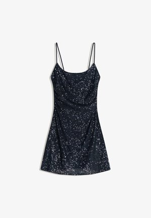 Schwarzes Paillettenkleid mit Spaghettiträgern, taillierter Oberteil und ausgestelltem Saum. Die Textur ist glatt mit einem reflektierenden Paillettenmuster.