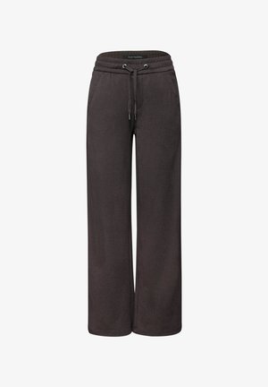 Pantaloni della tuta grigio scuro con vita regolabile con coulisse, gambe larghe e tessuto morbido. Sono dotati di tasche laterali e un taglio casual per garantire comfort.