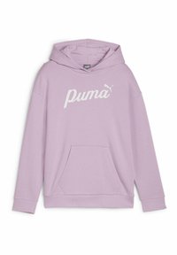 Sudadera lilac de tejido suave, con un bolsillo frontal, mangas anchas y un gran logo blanco de "Puma" en el pecho.