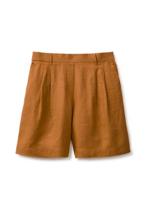 Braune High-Waist-Shorts mit Gürtelschlaufen und vorderen Falten, aus leichtem Stoff, geeignet für legere Trageanlässe.