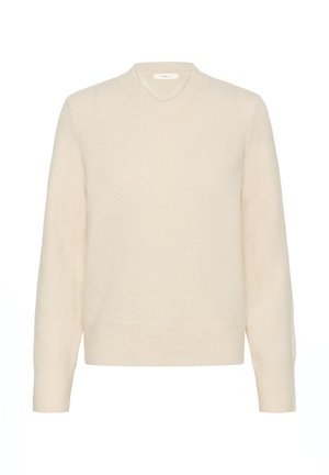 V-neck sweater in soft beige wool blend, featuring long sleeves and ribbed cuffs and hem for a snug fit. Minimalist design, no patterns.