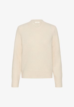 Maglione a V in morbido misto lana beige, con maniche lunghe e polsini e orlo a coste per una vestibilità aderente. Design minimalista, senza motivi.