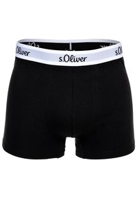 Schwarze Baumwoll-Boxershorts mit einem weißen elastischen Bund, auf dem der Text "s.Oliver" in Schwarz steht. Klassisches Design mit glatter Textur.
