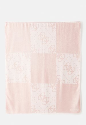 Pink silk scarf featuring a patchwork design with a subtle sheen and repeating logo pattern, edged with a small, embroidered brand name.