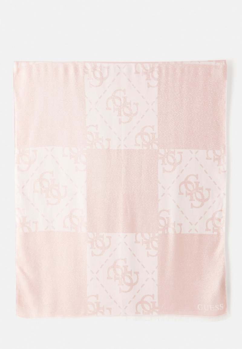 Rozā zīda šalle ar patchwork dizainu, kas ir ar maigu spīdumu un atkārtojošu logotipa rakstu, apmalē ar mazu izšūtu zīmola nosaukumu.
