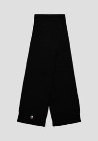 Sciarpa nera lavorata a maglia con estremità a costine, dotata di un piccolo logo. Texture morbida, forma allungata, adatta per calore e stile.