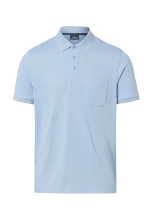 Hellblaues kurzärmeliges Poloshirt mit drei Knöpfen, einem Kragen und einer kleinen Brusttasche auf der linken Seite.