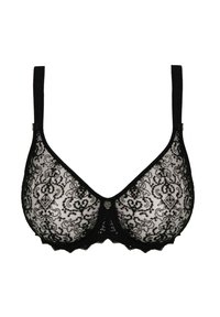 Sort blonde bh med blomstermønster, justerbare stropper, bølgede kanter og en diamantdetalje i midten. Blødt, tekstureret materiale.