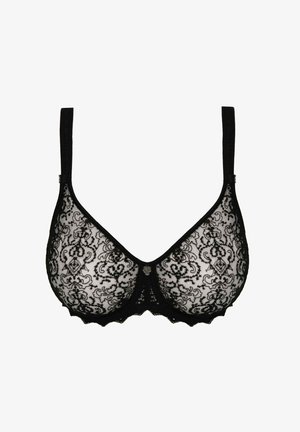 Sort blonde bh med blomstermønster, justerbare stropper, bølgede kanter og en diamantdetalje i midten. Blødt, tekstureret materiale.