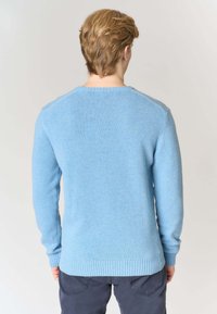 Maglione in maglia azzurro chiaro con maniche lunghe, scollatura rotonda e orlo a coste. Realizzato con filato morbido, caratterizzato da una texture liscia e un design aderente.