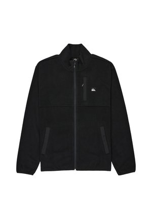 Black fleece jacket with a high collar, full front zipper, two side pockets, and a zippered pocket on the chest. Features a logo detail.