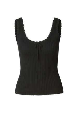 Top sin mangas negro con ribetes, bordes en forma de ondas, escote redondo y cordón ajustable en el centro. Tejido suave con diseño ceñido.