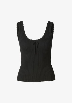 Top sin mangas negro con ribetes, bordes en forma de ondas, escote redondo y cordón ajustable en el centro. Tejido suave con diseño ceñido.