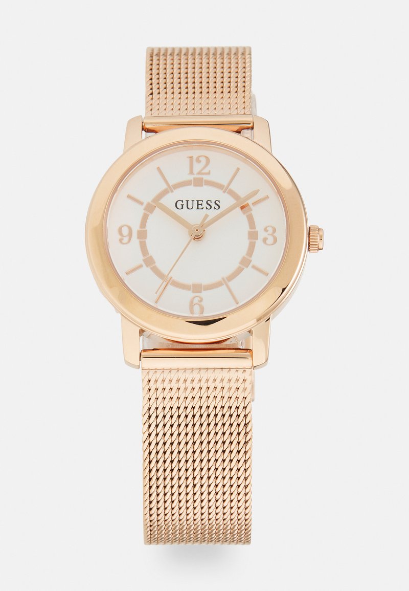 Roségoldene Uhr mit rundem Gehäuse, weißem Zifferblatt und Mesh-Armband. Verfügt über große Stundenmarkierungen und eine kleine Krone an der Seite.