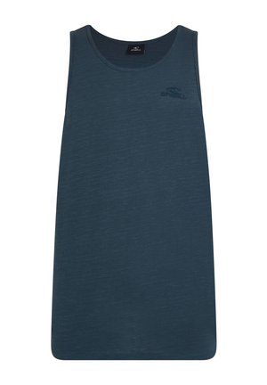 Donkerblauwe mouwloze tanktop van een zachte, gestructureerde stof. Heeft een ronde halslijn en een subtiele merklogo op de borst.