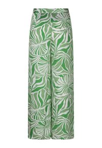Pantalons larges en tissu léger avec un motif de feuilles vertes et blanches. Texture lisse avec une taille ajustée.