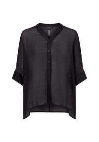 Schwarze transparente Bluse mit V-Ausschnitt, kurzen Ärmeln und Knöpfen auf der Vorderseite. Sie hat einen leichten, strukturierten Stoff und eine lockere Passform.