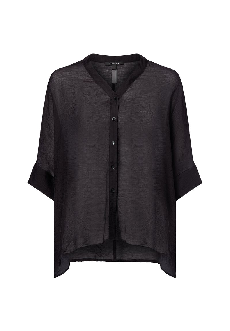 Schwarze transparente Bluse mit V-Ausschnitt, kurzen Ärmeln und Knöpfen auf der Vorderseite. Sie hat einen leichten, strukturierten Stoff und eine lockere Passform.