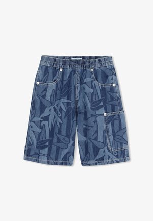 Denim shorts met een bladpatroon in blauw en donkerblauw, elastische tailleband, vijf zakken en een vervaagde textuur voor een versleten uitstraling.