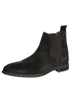 Zwarte suède Chelsea-boot met elastische zijpanelen, een gladde afwerking, contrasterende stiksels en een lage gestapelde hak.