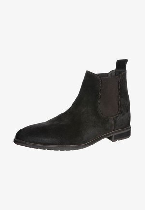 Černé nubukové Chelsea boty s elastickými postranními panely, hladkým povrchem, kontrastním prošíváním a nízkým masivním podpatkem.