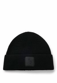 Cappello a maglia nero con texture a coste, dotato di risvolto e di una patch rettangolare con il logo in rilievo "HUGO" sul davanti.