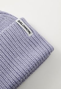 Berretto lavorato a maglia viola con texture a coste, dotato di un'etichetta bianca con il marchio "SALOMON". Il design è compatto e aderente.