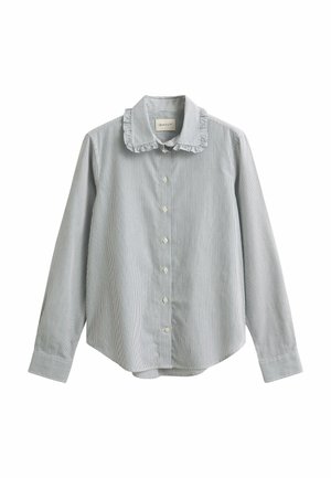 Langärmlige Bluse in Blau und Weiß mit dünnen Streifen, Rüschenkragen und durchgehendem Knopfverschluss.