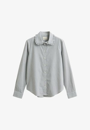 Langärmlige Bluse in Blau und Weiß mit dünnen Streifen, Rüschenkragen und durchgehendem Knopfverschluss.