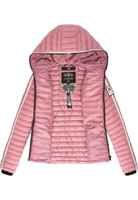 Ljust rosa puffy jacka med vadderad yta, huva och vita ränder på ärmarna. Har en svart inredning och logotags inuti.