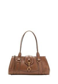 Brown leather handbag with dual handles, gold hardware accents, and structured design. Features a central flap with a loop detail.