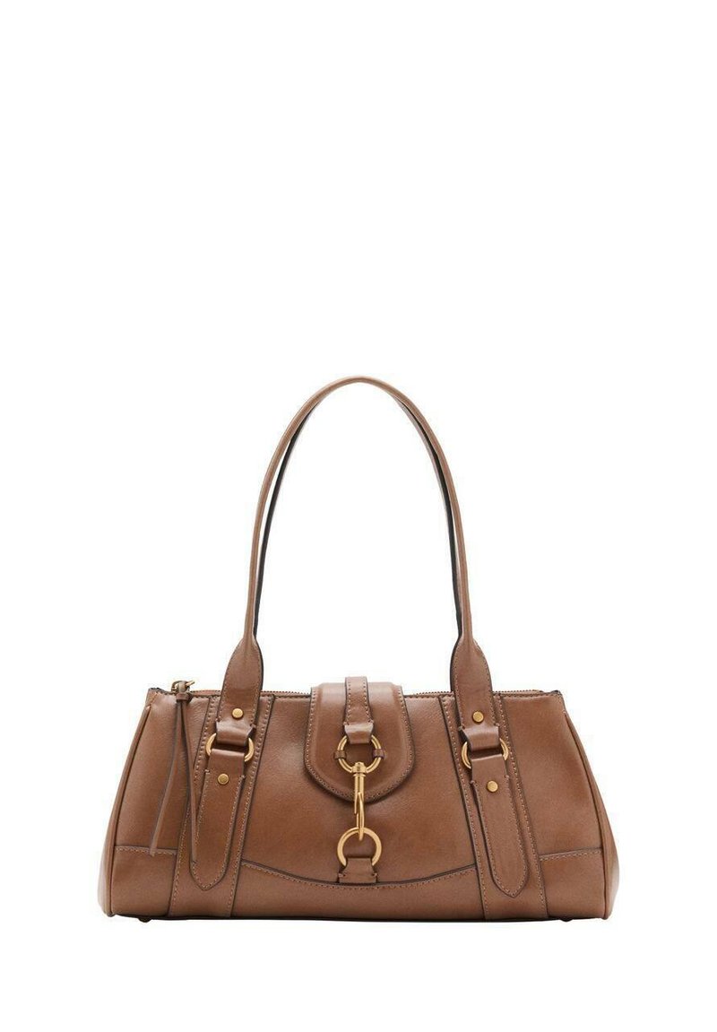 Brown leather handbag with dual handles, gold hardware accents, and structured design. Features a central flap with a loop detail.